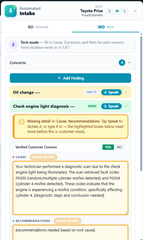 The WO Tech tab showing missing-detail prompts and a customer-ready Cause field