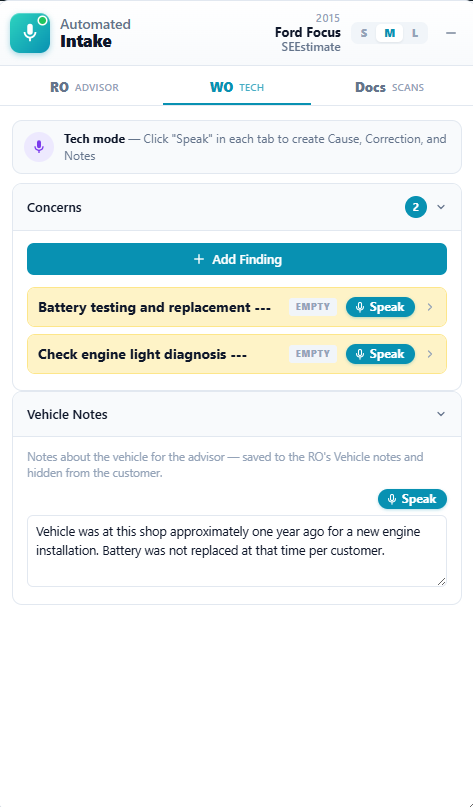 The WO Tech tab showing per-concern Speak mics